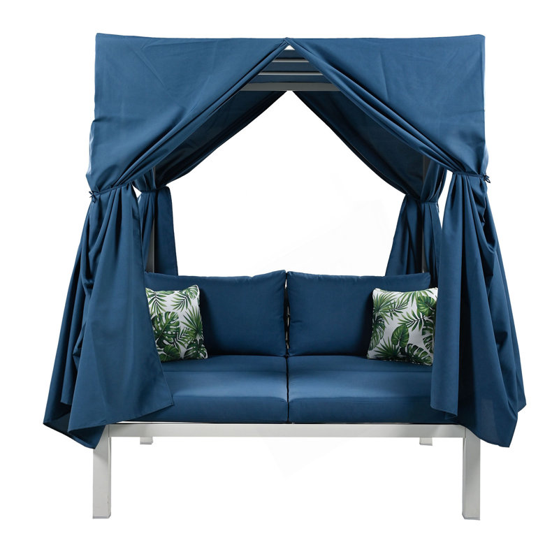 Elegant Outdoor Patio Sunbed With Curtains, Blue