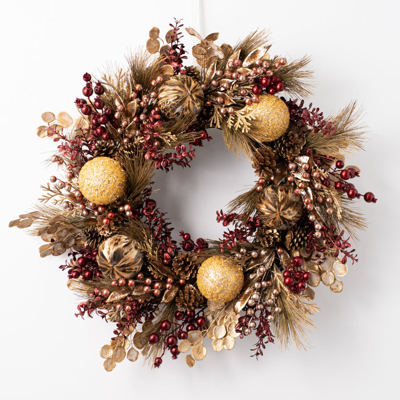 Couronne de lin en lin, pomme de pin et boule de plumes, H 26 po x l 26 po x P 6 po