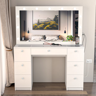 Tiptiper Large Vanity Desk with Mirror and Lights, 5 Drawers Makeup Vanity  with Lights and Charging Station, Vanity Table with Smart Mirror with Time Temperature  Display, White 