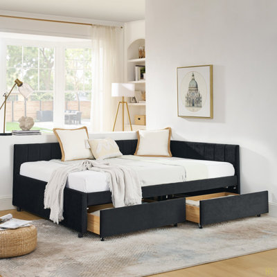 Full Size Upholstered Tufted Bed Frame With Two Drawers, Sofa Bed Frame With Comfortable Backrest And Armrests, Velvet (79.5''X58''x25'')