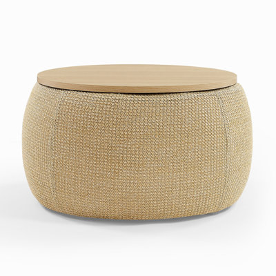 Round Storage Ottoman, 2 In 1 Function, Work As End Table And Ottoman, Natural (25.5"X25.5"X14.5")
