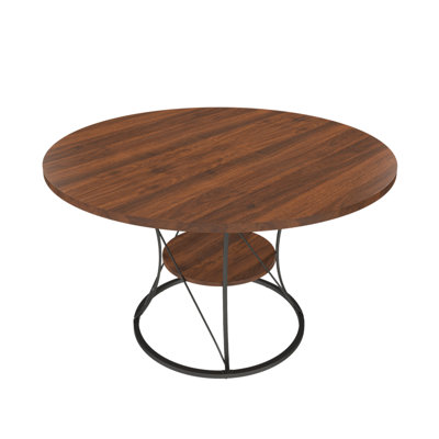 43 inch Round Dining Table for 4-6, Expandable Farmhouse Kitchen Table with Storage Shelf & Metal Base, Brown & Black Extendable Wood Table from 43 to