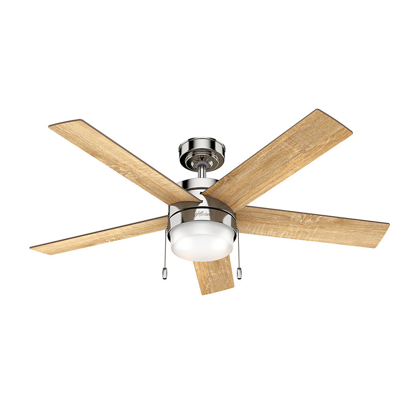 52" Claudette 5 - Blade LED Standard Ceiling Fan with Pull Chain and Light Kit Included, Polished Nickel