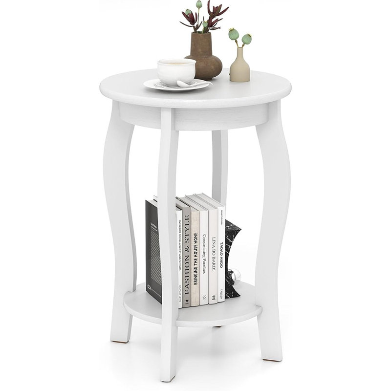 Table de bout ronde à 2 niveaux, table d'appoint moderne Mid-Century avec tablette, blanc