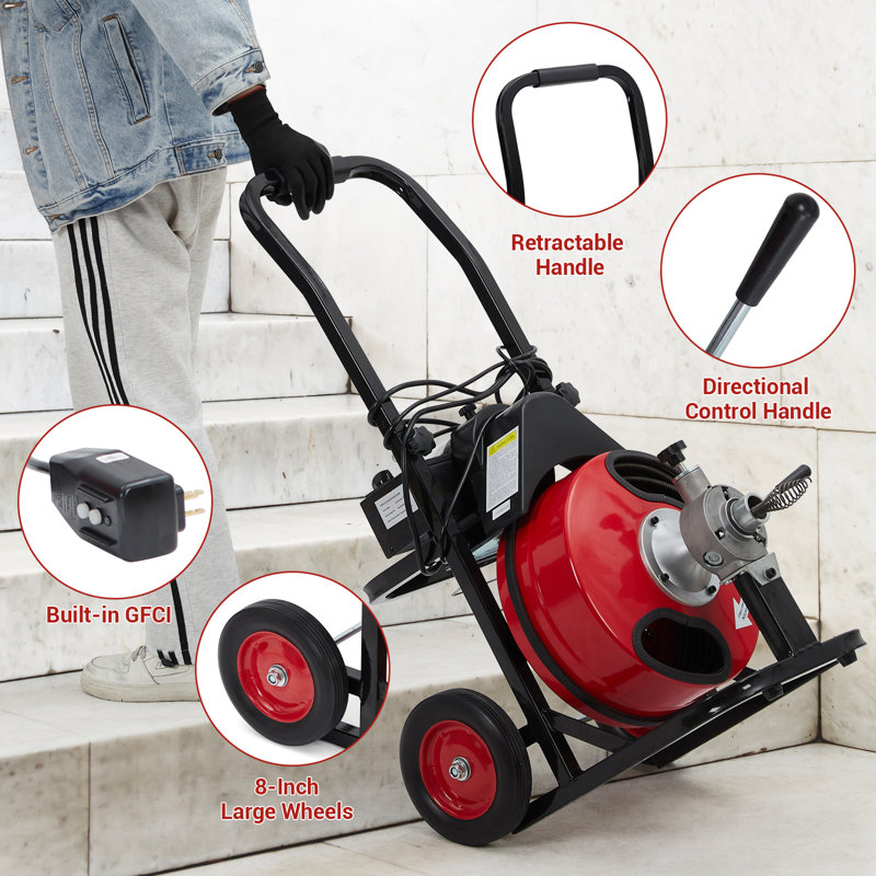 100Ft By 1/2-Inch Auto Feed Drain Cleaner Machine With 370W Motor, Steel Construction, Portable Sewer Snake Auger with 8 Cutters And Air-Activated Foot Switch For 1" to 4" Pipes, Black & Red