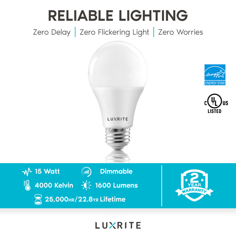 15 W (équivalent à 100 W), ampoule DEL A19 à intensité variable, culot moyen E26 (standard), 4 000 K