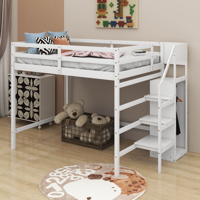 Lit mezzanine double avec garde-robe, Blanc