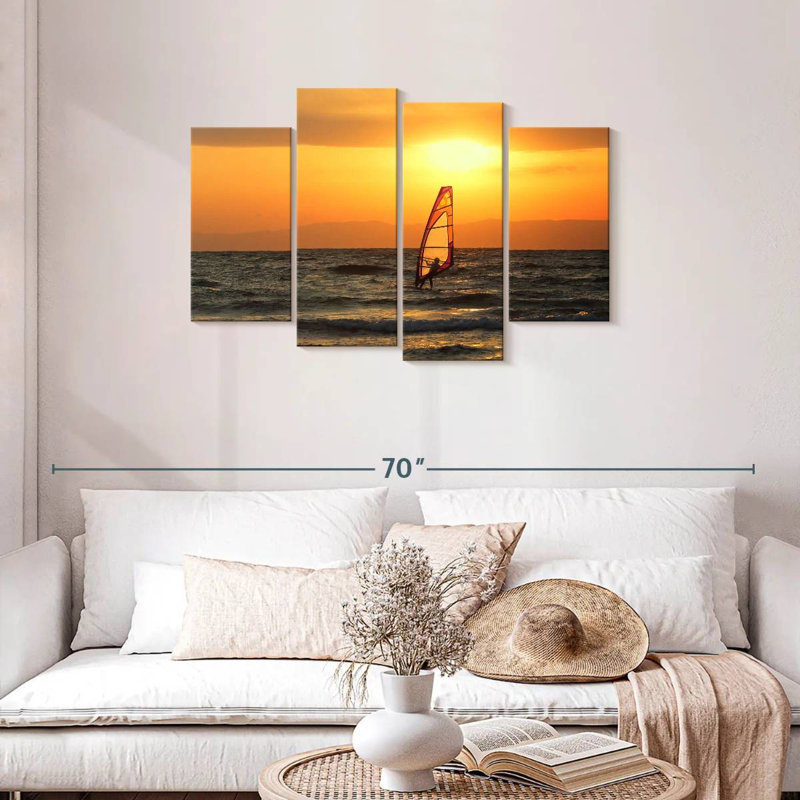 Planche à voile au coucher du soleil, H 27 po x l 43 po