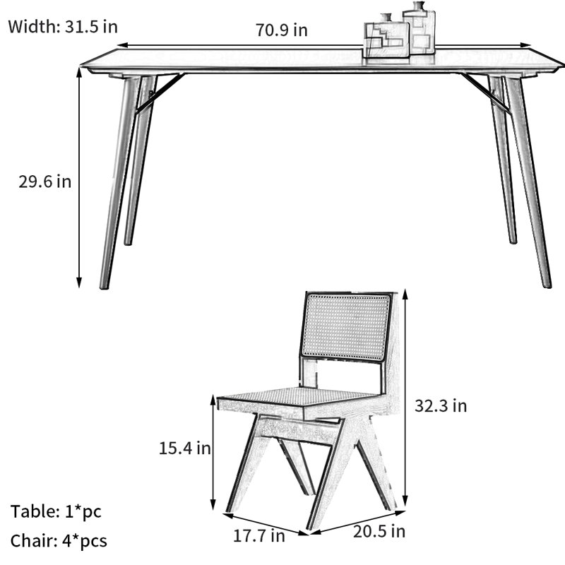 Modern Minimalist         Slate Dining Set, Black, 29.6" H x 31.5" W x 70.9" L