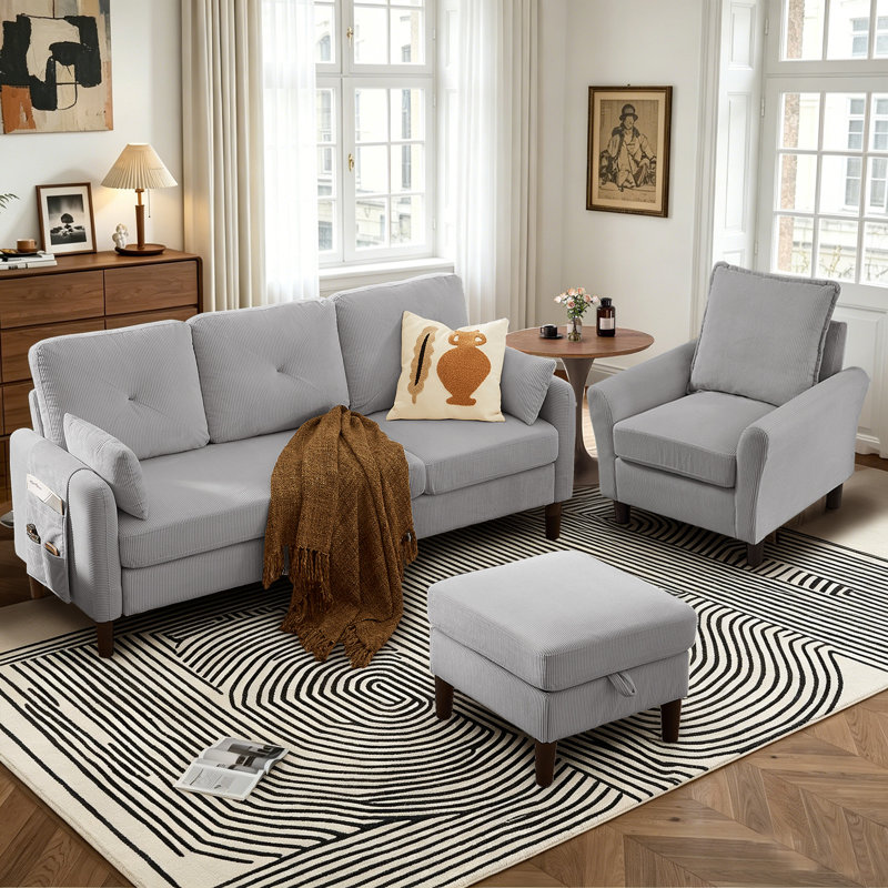 Ensemble de salon 3 pièces Penelera, Mélange de polyester gris clair