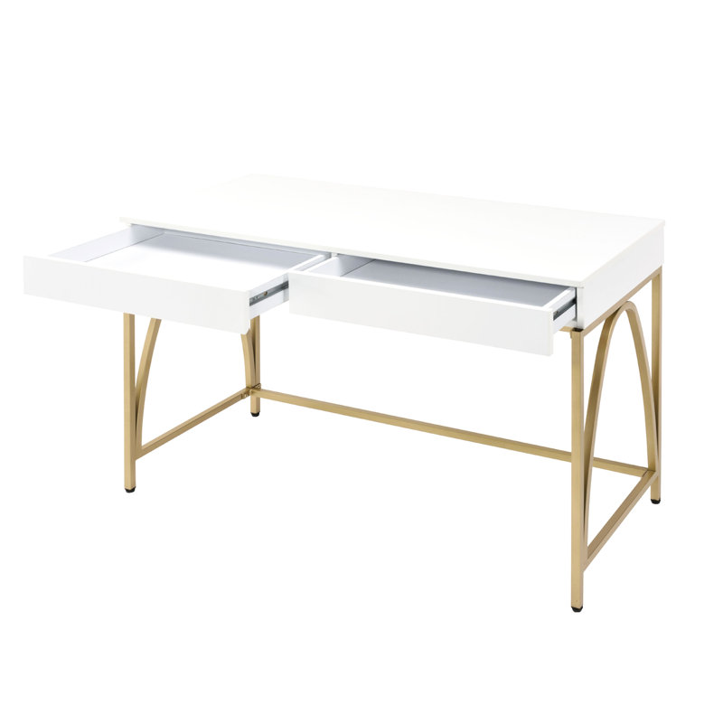 Bureau d'écriture 2 tiroirs blanc brillant et doré avec base à tréteaux en métal