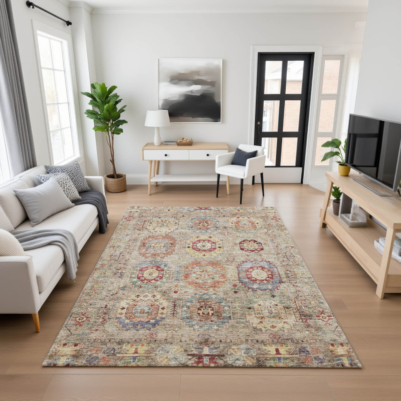 Premium Machine Washable Mayfield AMF2227 Panel Rug, Beige, 5' x 7'6"