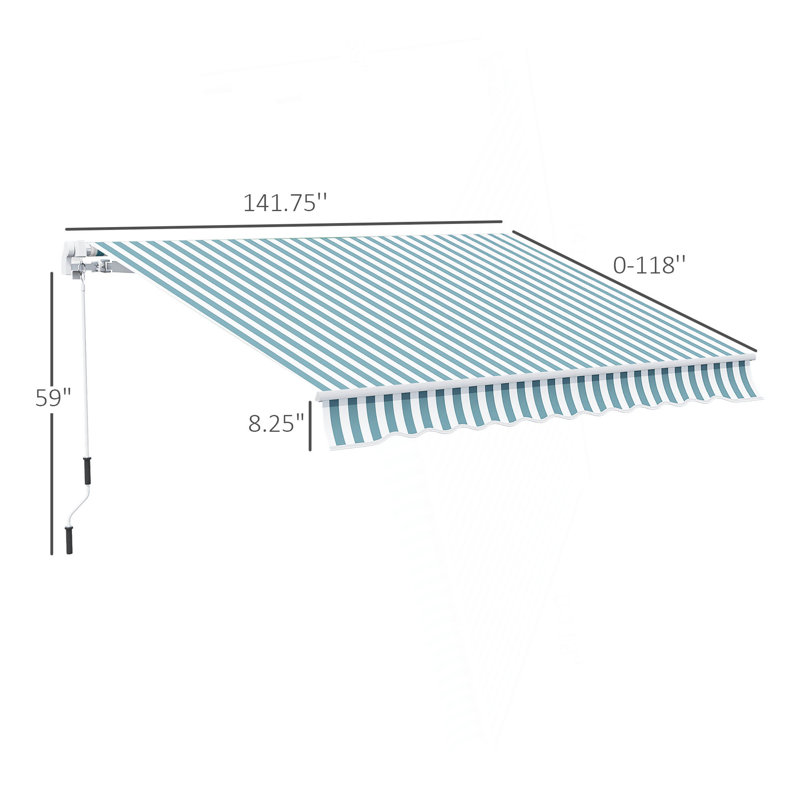 Auvent de terrasse rétractable avec auvent à manivelle 12 po x 10 pi Outsunny, L 120 po x P 144 po, Rayures vertes