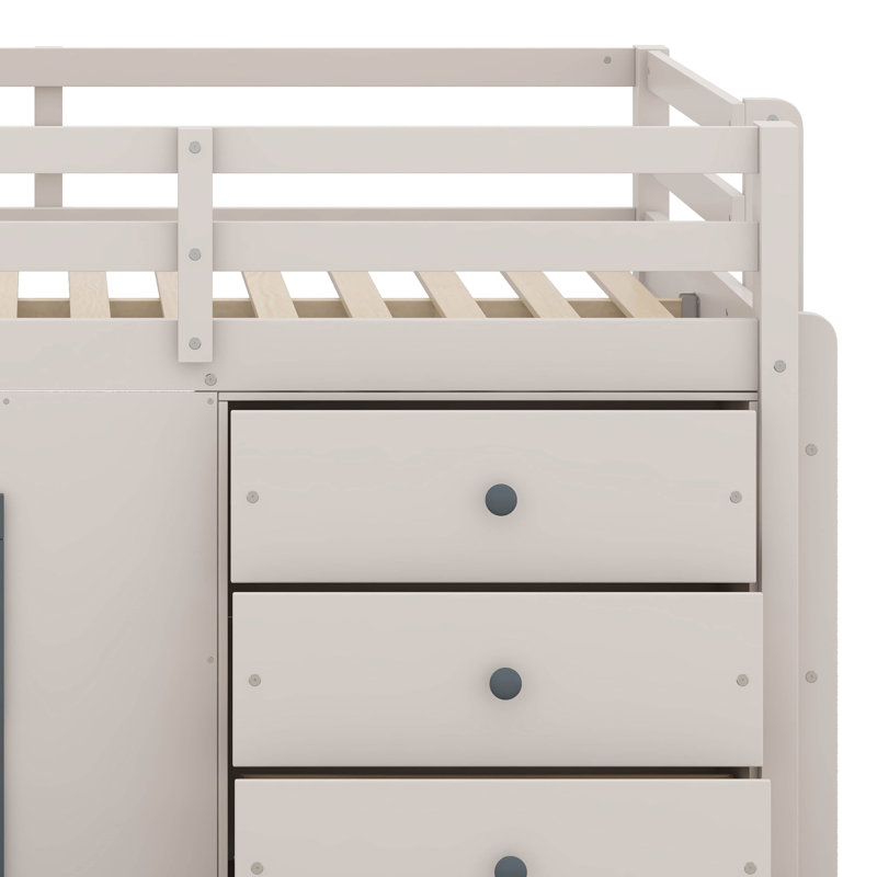 Full Size Low Loft Bed With Slide, Wood Bed Frame With Three Storage Drawers And Two Doors,No Box Spring Needed