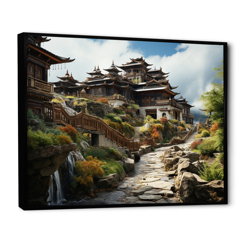 Art asiatique, monastère tibétain VI, reproduction d'art sur toile, Cadre flottant noir, H 16 po x l 32 po x P 1 po