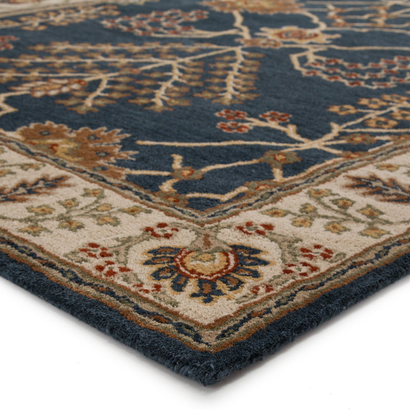 Poeme Hand-Woven Tufted Wool Dark Blue Area Rug, Round 8'