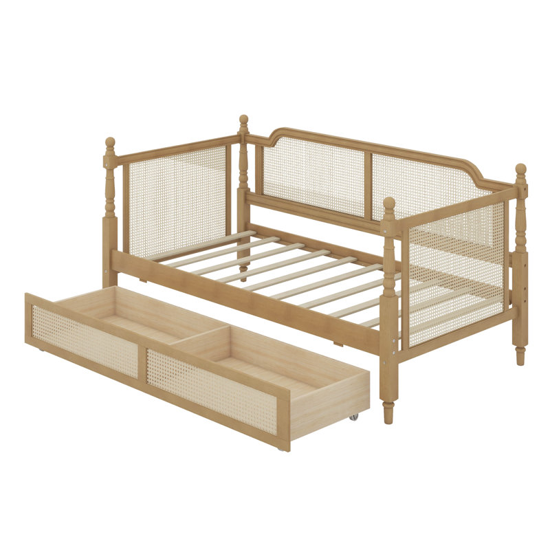 Lit de jour en rotin de style traditionnel avec 2 tiroirs, Lit simple