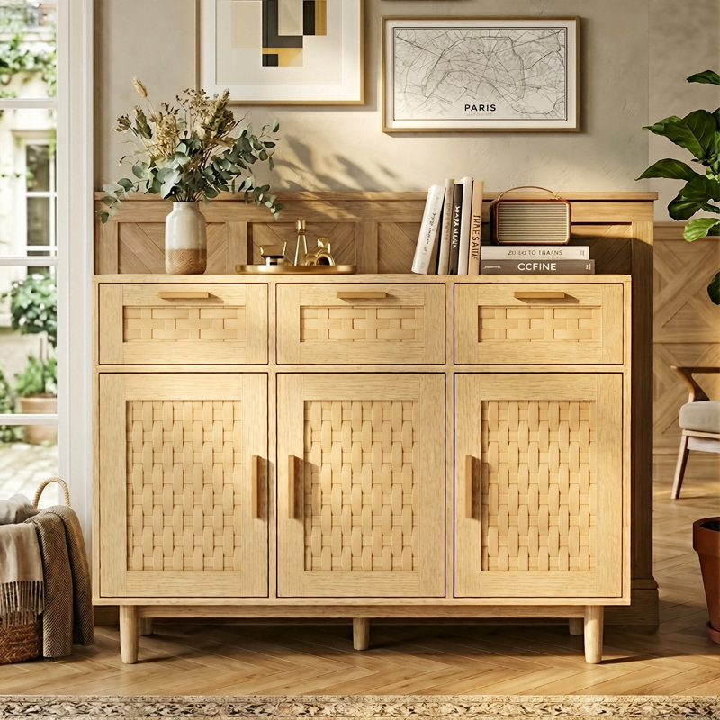 108cm 3-Door Faux Rattan Sideboard, Japandi PVC Woven Storage Cabinet with 3 Drawers & Metal Handles,  Oak / Black, Oak