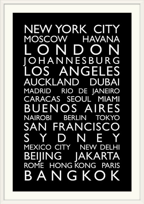 «World Cities Bus Roll» par Bellen, art textuel, H 26 po x l 20 po x P 1 po, Cadre blanc