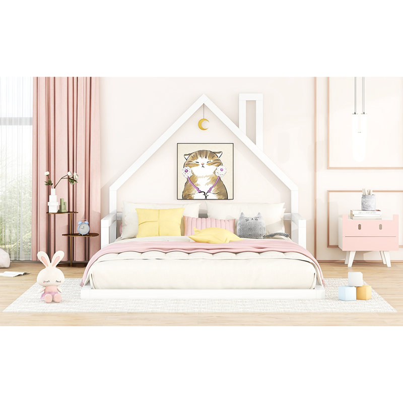 Lit double en bois blanc avec tête de lit en forme de maison - Motif fascinant, Lit double, Blanc