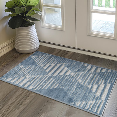 Tapis turc à motif géométrique intérieur / extérieur à poils courts bleu foncé / crème pour patio, terrasse, porche ou entrée
