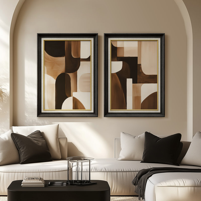 «Modern Modern Brown and Beige Geometric Abstract Artwork», ensemble de 2 reproductions d'art encadrées de qualité supérieure sur papier 26 po x 36 po