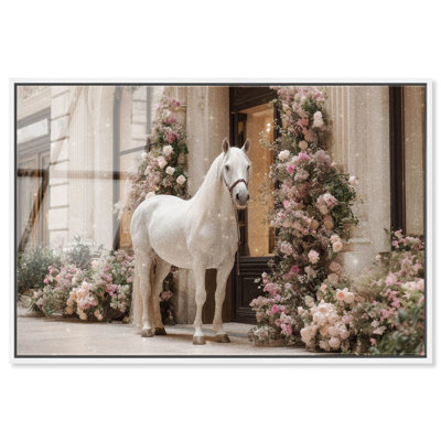 «White Horse at the Flower Store», reproduction d'art acrylique encadrée par Art Remedy, cadre blanc, 36 x 24