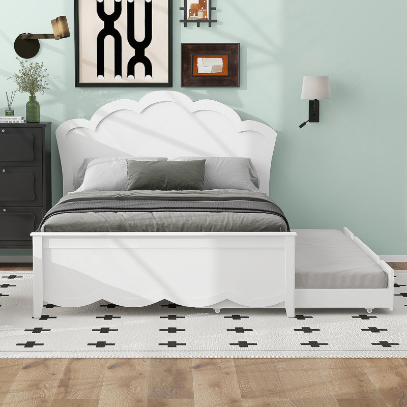 Full Size Wood Platform Bed with Headboard and Twin Size Trundle, White
