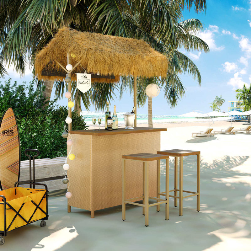 Hawaiianstyle Bar Height Patio Set With PE Grass Canopy, Outdoor Bar Table And Stools With Adjustable Feet, Acacia Wood Top, For Dining And Drinking, Natural
