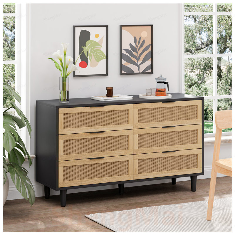 Armoire de rangement en rotin à 6 tiroirs avec glissières à tiroir lisses pour l'organisation de la chambre à coucher et du salon