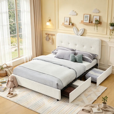 Upholstered Platform Bed with 4 Storage Drawers and LED Light for kids Teens, Boucle Low Bed Frame with Rabbit Ear Headboard, Full Size, Beige