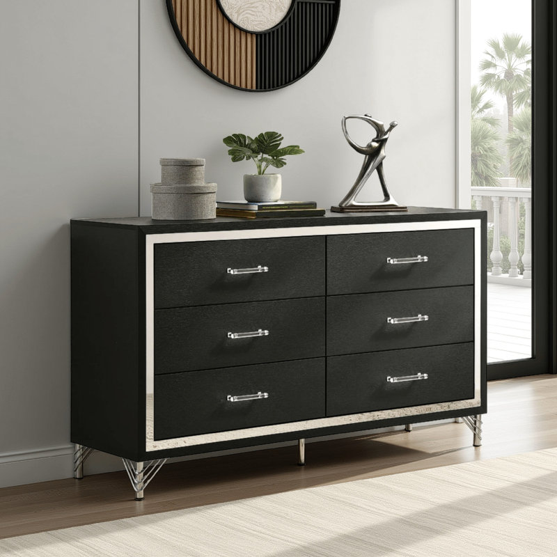 Commode Jenny, 6 tiroirs et accents chromés, ton noir moderne