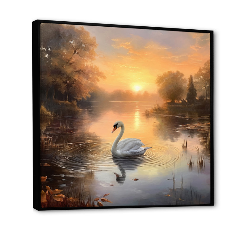 Cygne blanc, coucher de soleil romantique I, H 24 po x l 24 po x P 1 po, Cadre flottant noir