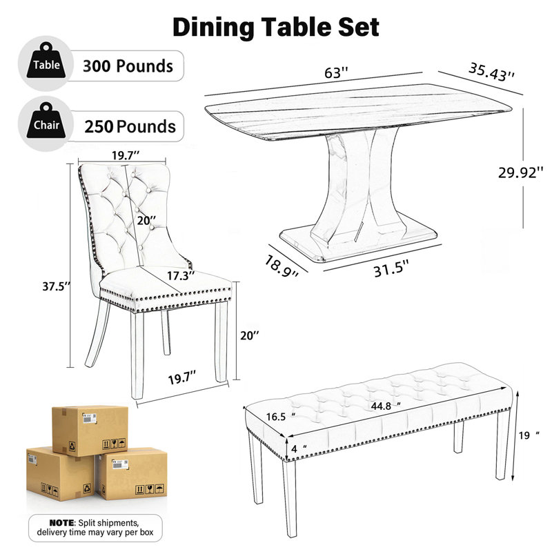 Ensemble table et chaises rectangulaires capitonnées avec banc, style milieu du siècle, pour coin repas dans la cuisine.
