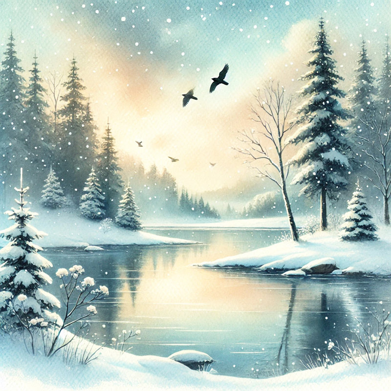 «Tranquil Winter's Eve: Snowy Landscape with Flying Oies», art sur toile, H 12 po x l 12 po