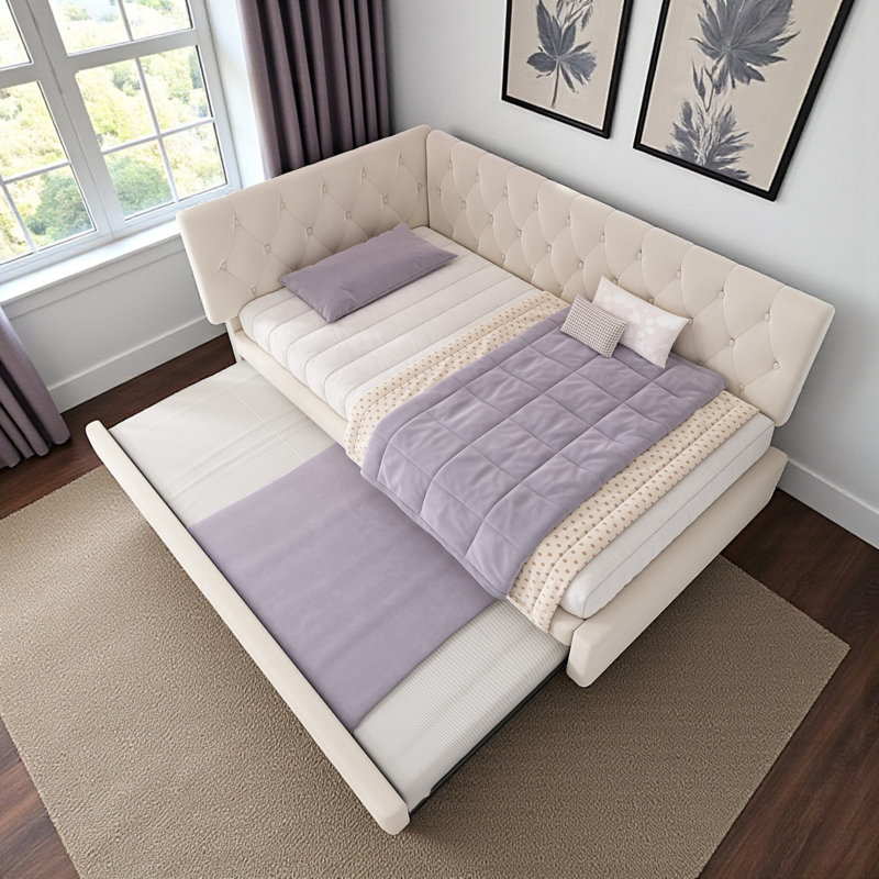 Upholstered Daybed with Trundle, Beige