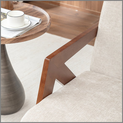 Fauteuil d'appoint Mid-Century moderne avec structure en bois, fauteuil de lecture rembourré avec tissu en lin doux, fauteuil d'appoint pour le salon, la chambre à coucher, facile à assembler