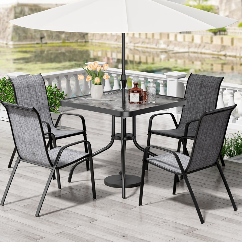 BUPPLEE 5-Piece Outdoor Dining Table Set For 4,Round Table With Umbrella Hole & 4pcs Textilene Chairs - Patio Outdoor Furniture For Porch,Backyard, Garden, Poolside And Deck-Blue