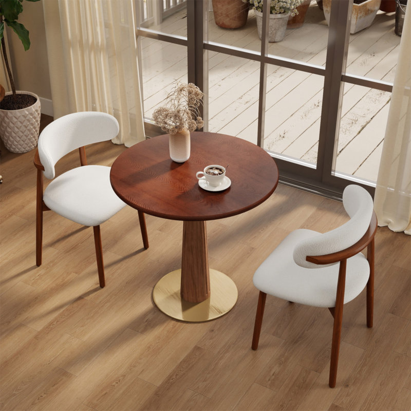 Φ Table de salle à manger ronde rétro en noyer de 80 cm avec base en laiton et bois massif. Table avec pieds en bois et base dorée, table pour 2 personnes pour petit espace