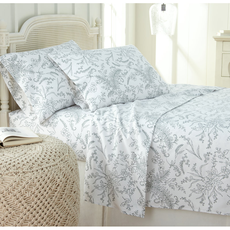 Ensemble de draps Southshore Fine Linens Winter Brush White à fleurs vertes, format California King, 4 pièces, comprenant un drap plat, un drap-housse à poches profondes de 38 cm et 2 taies d'oreiller King.