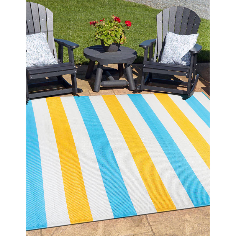 Tapis intérieur / extérieur à rayures jaune / bleu / blanc Andalyn, Rectangulaire 3 pi x 5 pi