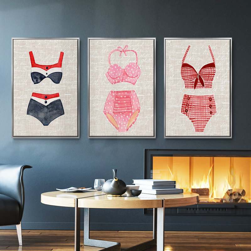 Ensemble de 3 pièces de natation rétro I encadrée sur toile, H 27 po x l 54 po, Argent