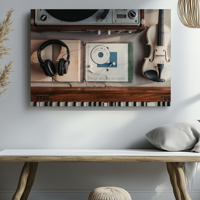 Toile «A Cosy Artistic Flat Lay Lay» mettant en vedette divers éléments musicaux, y compris l'art mural Une paire d'écouteurs noirs reposant sur une toile ouverte