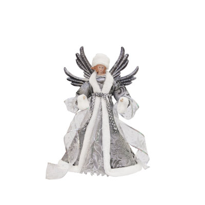 Décoration de Noël ange pour sommet de sapin gris blanc avec ailes en métal 16 po Season's Designs