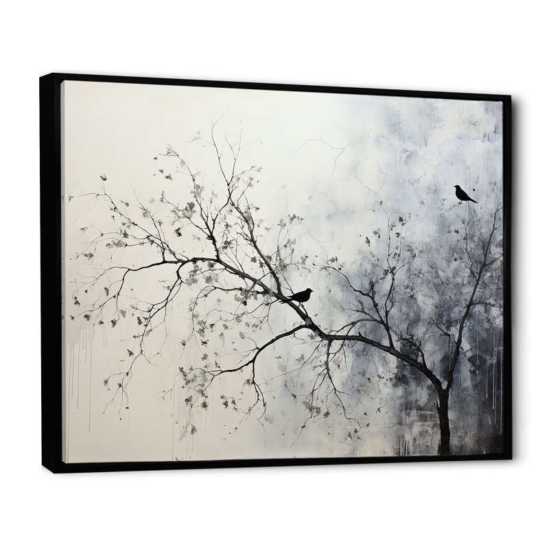 Minimalisme, oiseaux monochromes sur branche II - arbres, impressions sur toile, Cadre flottant noir, 12" H x 20" W