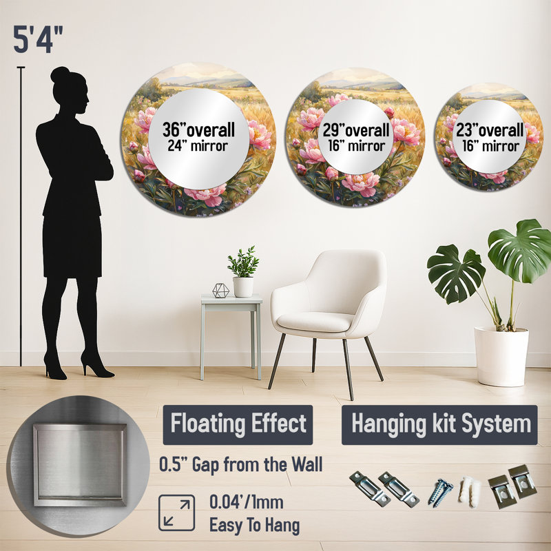 Pivoines dans le champ ensoleillé I - décoration murale miroir floral - imprimé sur métal, 23 po x 23 po