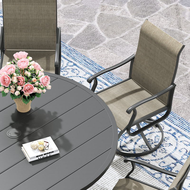6-Person Patio Dining Set with 53" Round Metal Dining Table and 6 Swivel PVC-coated polyester Chairs, Black/Brown