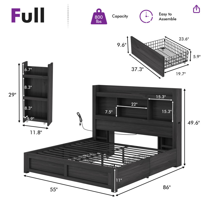 Sherell Full Size Bed Frame with 4 Storage Drawers,Black, Full / Double, Black
