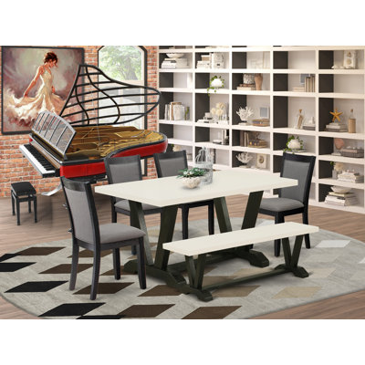 6-pc dining room table set contains a linen white (off-white) mid-century table a dinette bench and 4 dark Gotham grey linen fabric modern chairs with high back - wire brushed black finish