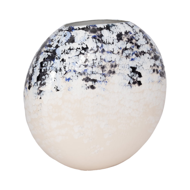 Modern Round Decorative Metal Iron Vase with Artistic Multi-Toned Detailing and Unique Sculptural Contemporary Design for Statement Accent Display in Living Room Entryway or Office Shelf Decor